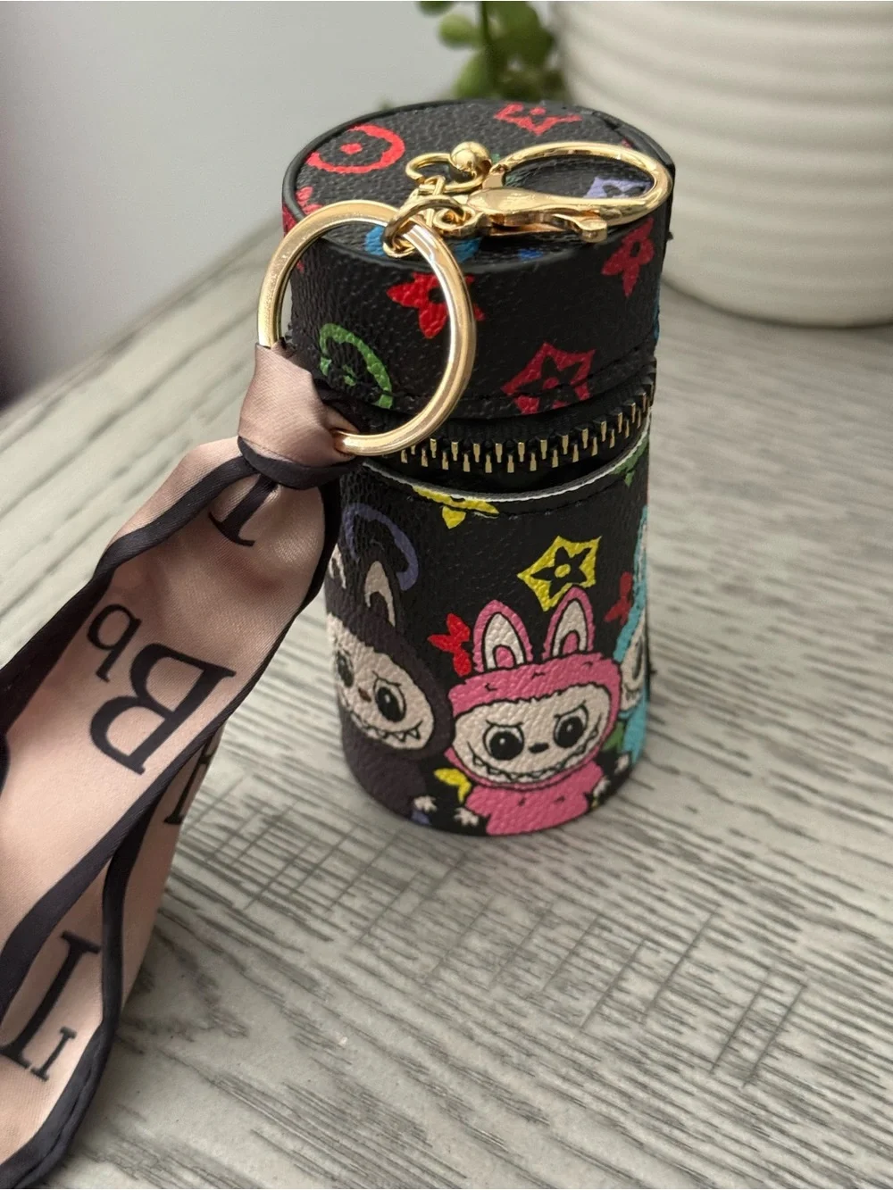 Novelty Print Cylinder Keychain Pouch with Scarf Charm NWOT